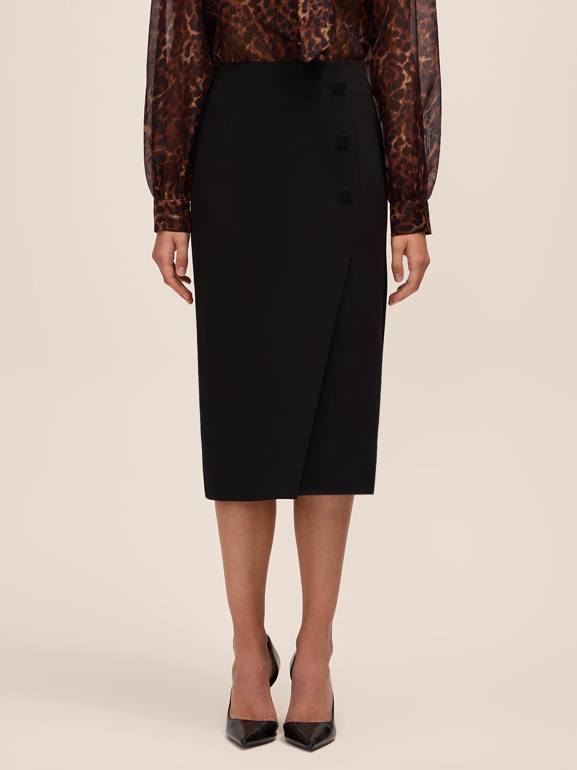 Black Covered Button Pencil Skirt with Slit - Woman Wearing Tailored Office Skirt - Le Chateau