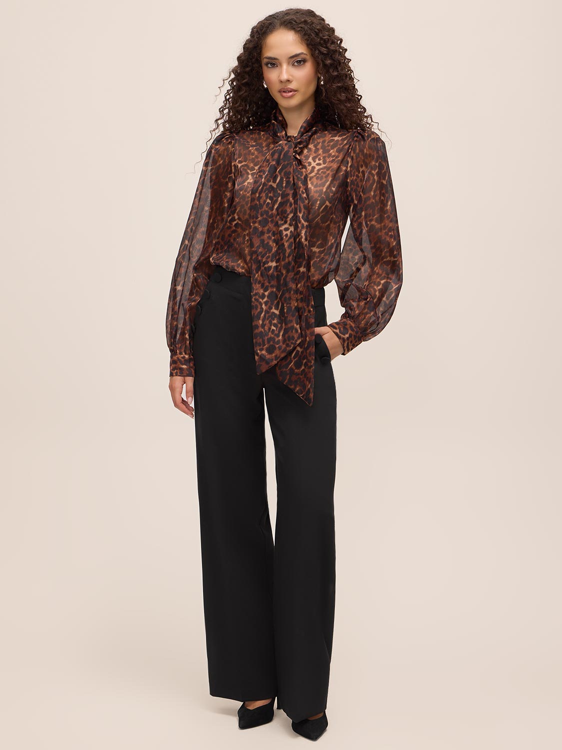 Leopard Print Organza Tie Neck Blouse - Woman Wearing Sheer Animal Print Top - Le Chateau