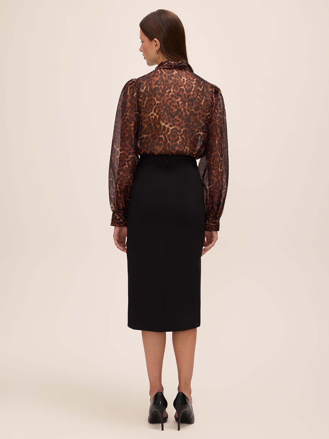 Black Covered Button Pencil Skirt with Slit - Woman Wearing Tailored Office Skirt - Le Chateau
