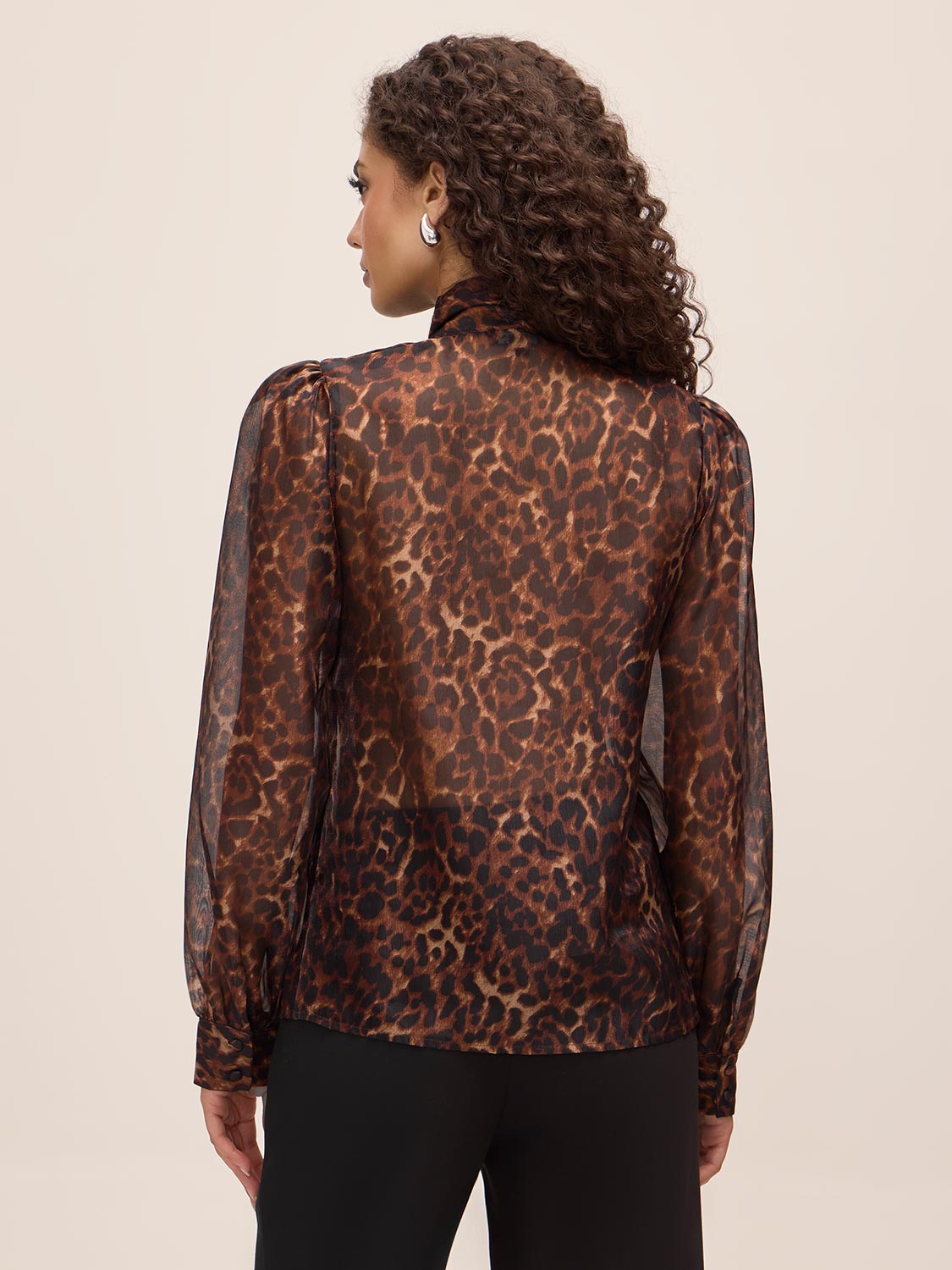 Leopard Print Organza Tie Neck Blouse - Woman Wearing Sheer Animal Print Top - Le Chateau