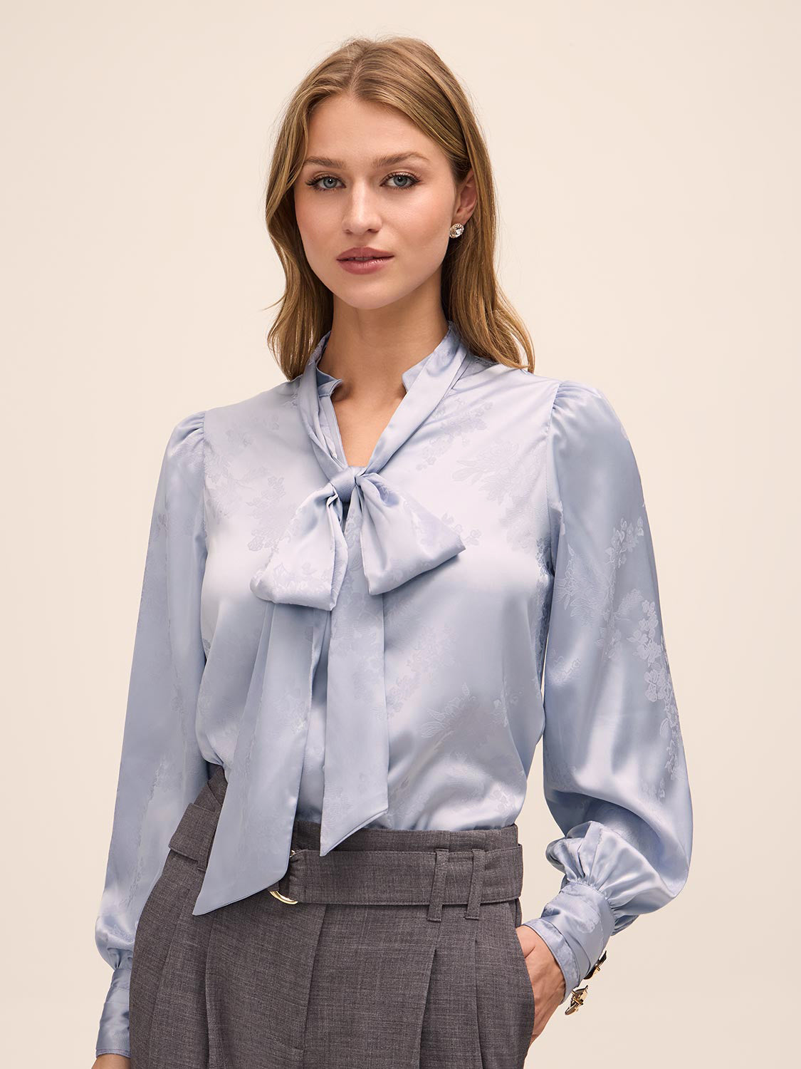 Steel Blue Floral Damask Tie Neck Bow Blouse - Woman Wearing Elegant Woven Top - Le Chateau