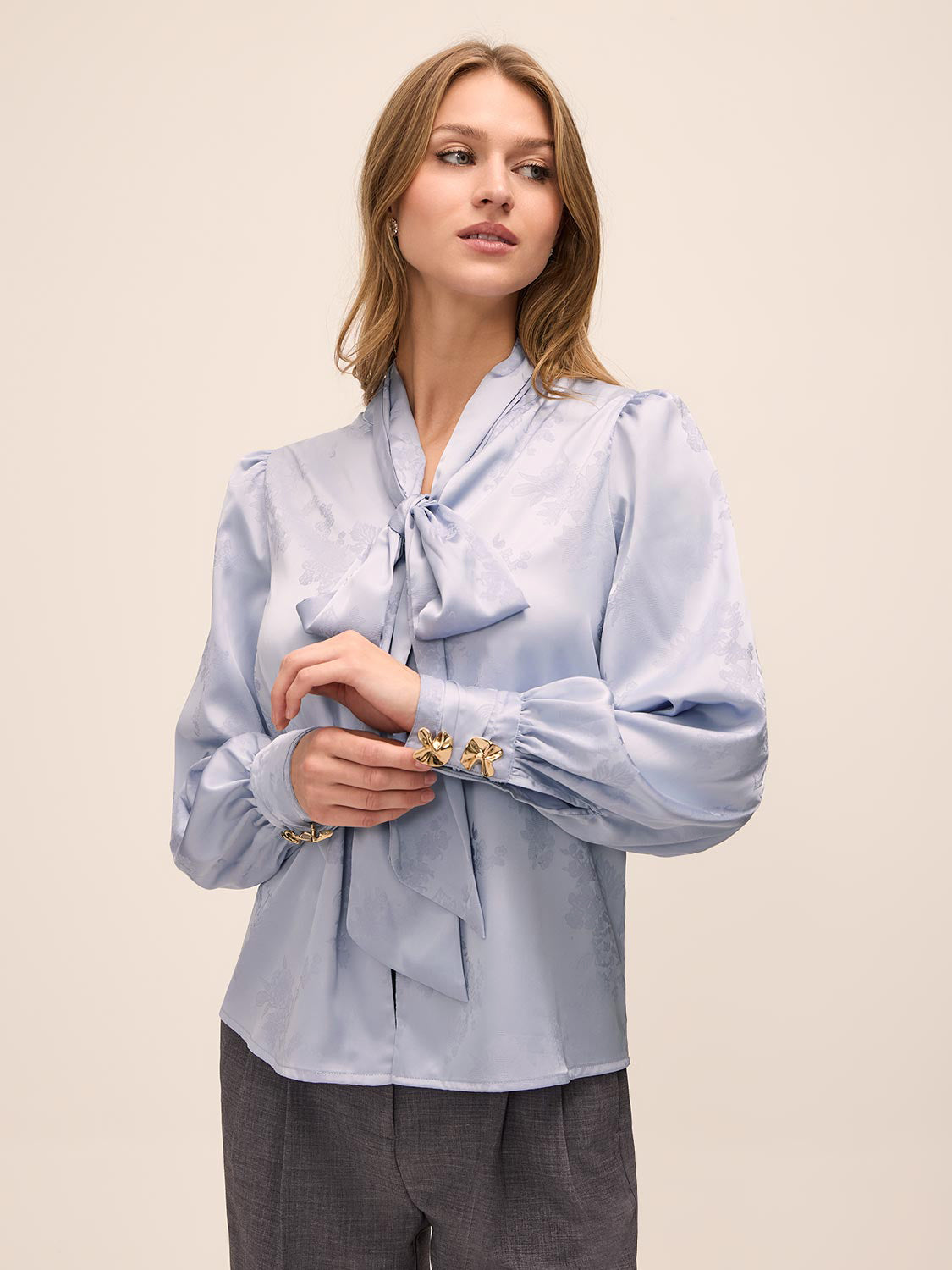 Steel Blue Floral Damask Tie Neck Bow Blouse - Woman Wearing Elegant Woven Top - Le Chateau