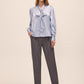 Steel Blue Floral Damask Tie Neck Bow Blouse - Woman Wearing Elegant Woven Top - Le Chateau