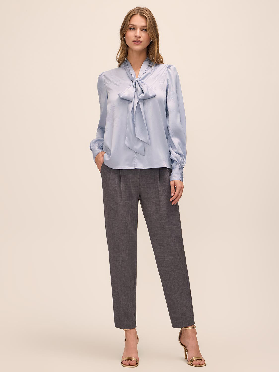 Steel Blue Floral Damask Tie Neck Bow Blouse - Woman Wearing Elegant Woven Top - Le Chateau