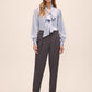 Steel Blue Floral Damask Tie Neck Bow Blouse - Woman Wearing Elegant Woven Top - Le Chateau