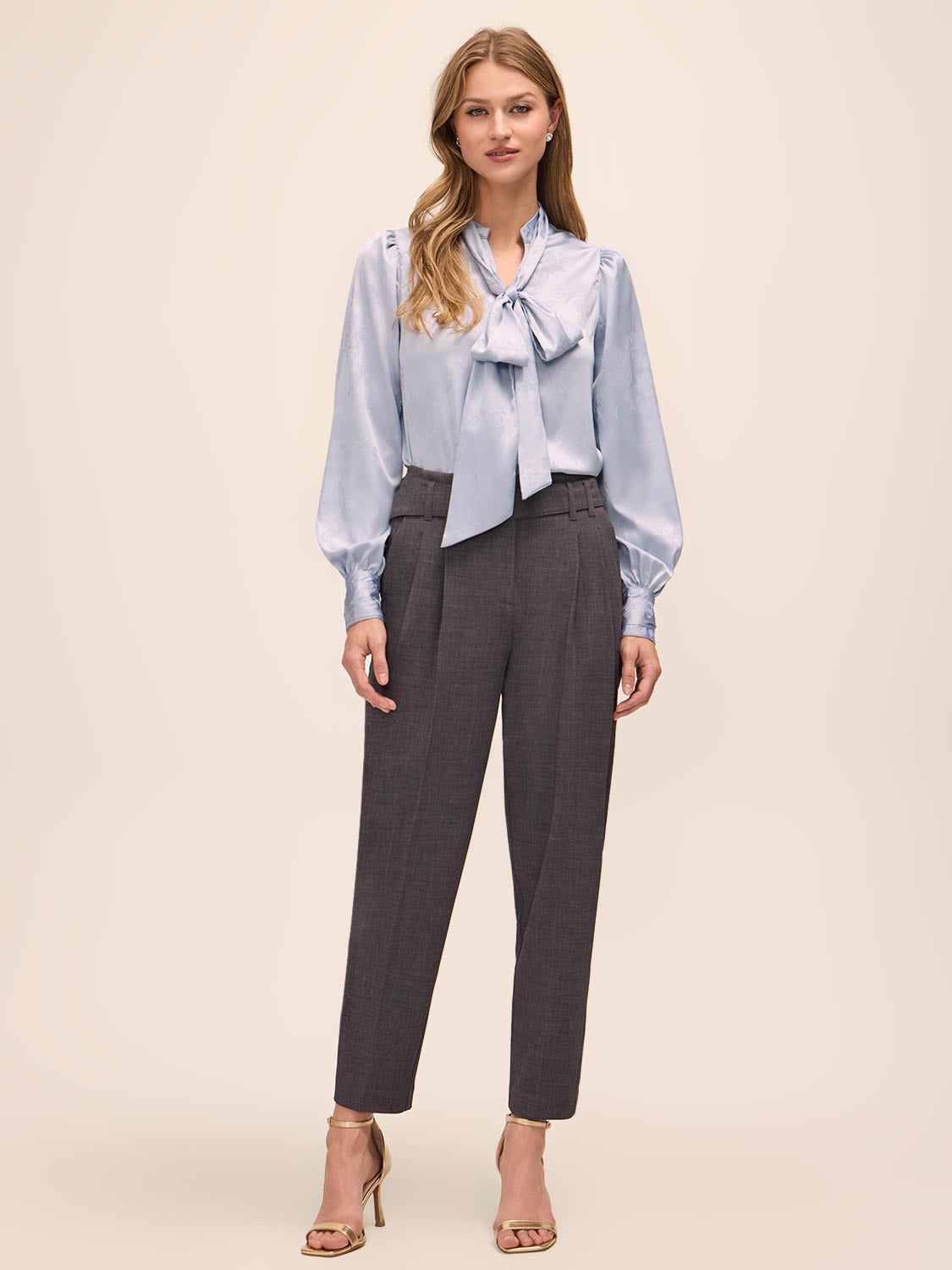 Steel Blue Floral Damask Tie Neck Bow Blouse - Woman Wearing Elegant Woven Top - Le Chateau