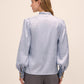 Steel Blue Floral Damask Tie Neck Bow Blouse - Woman Wearing Elegant Woven Top - Le Chateau