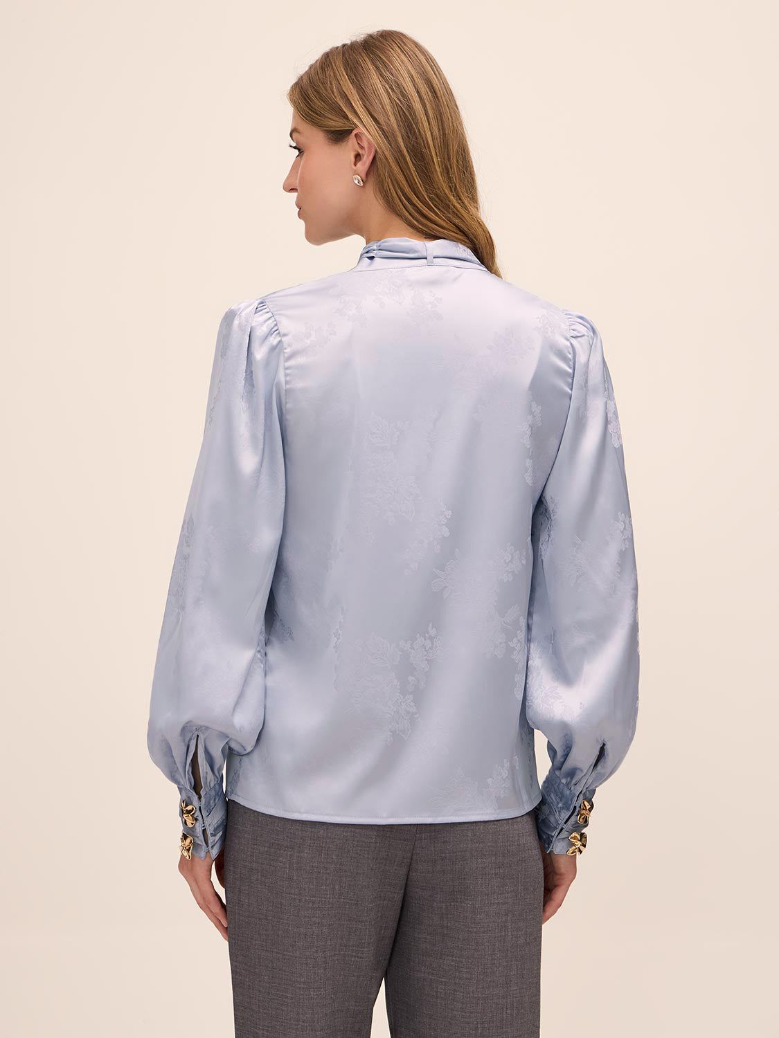 Steel Blue Floral Damask Tie Neck Bow Blouse - Woman Wearing Elegant Woven Top - Le Chateau