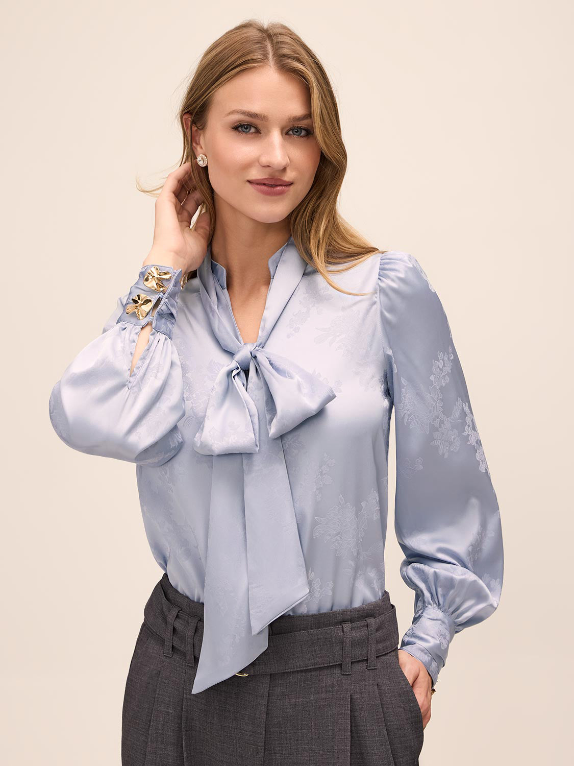 Steel Blue Floral Damask Tie Neck Bow Blouse - Woman Wearing Elegant Woven Top - Le Chateau