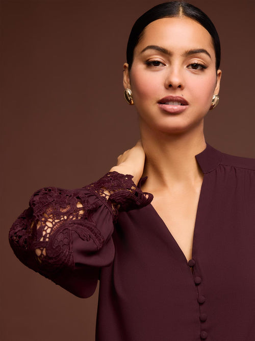 Button-Up Blouse With Crochet Lace Sleeve