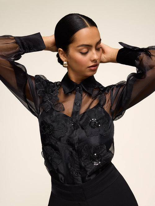 Organza Blouse With Floral Appliqué