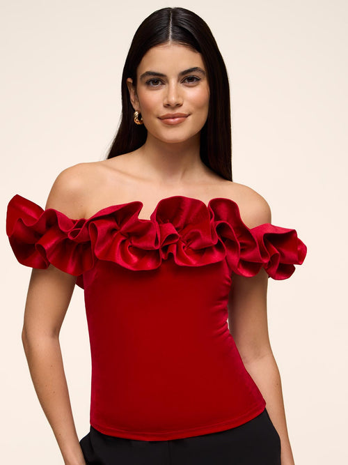 Ruffle Off-The-Shoulder Velvet Top