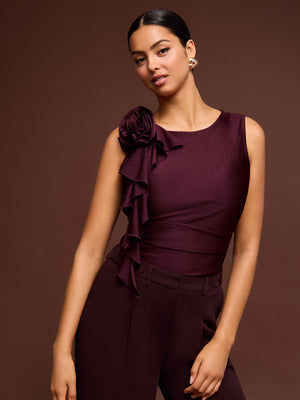 Sleeveless Rosette Ruffle Top Wine