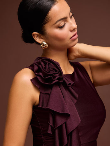 Sleeveless Rosette Ruffle Top Wine