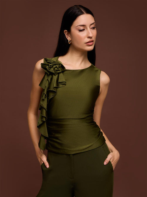 Sleeveless Rosette Ruffle Top