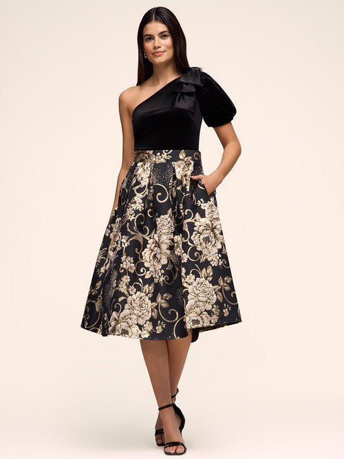 Jacquard Floral Pleated Midi Skirt