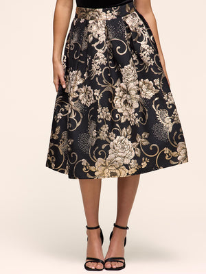 Jacquard Floral Pleated Midi Skirt Gold