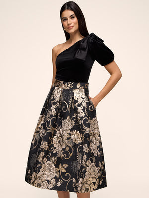 Jacquard Floral Pleated Midi Skirt Gold
