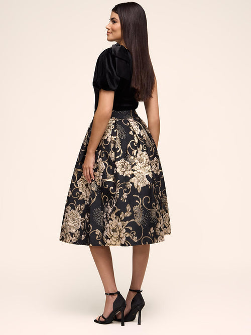 Jacquard Floral Pleated Midi Skirt