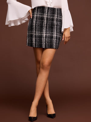 Bouclé Plaid Mini A-Line Skirt Black