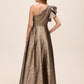 Antique Gold Jacquard One-Shoulder Ruffle Ballgown - Back View - Le Chateau