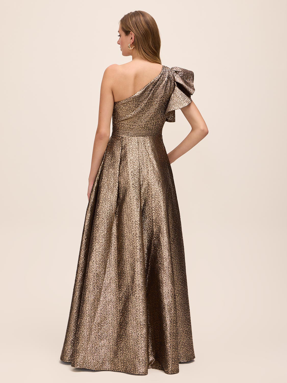 Antique Gold Jacquard One-Shoulder Ruffle Ballgown - Back View - Le Chateau