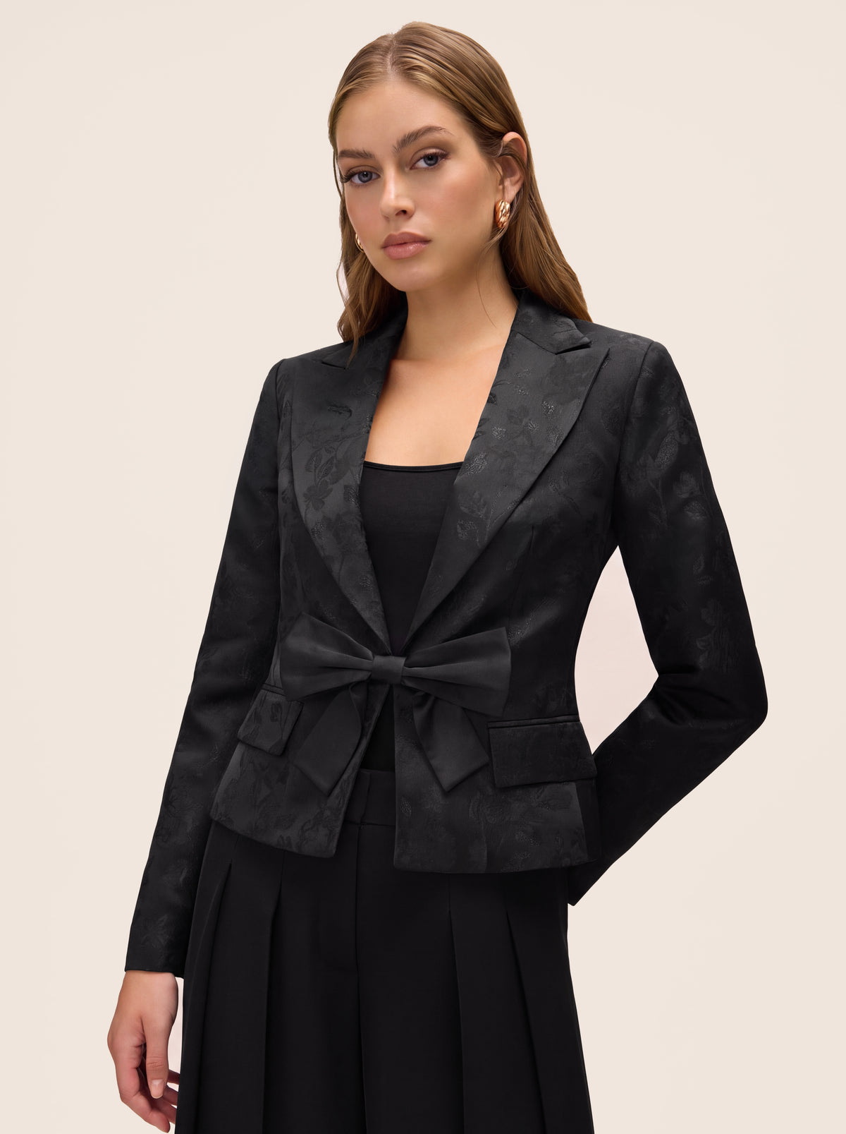 Black Jacquard Floral Blazer with Removable Bow  - Suzy Shier