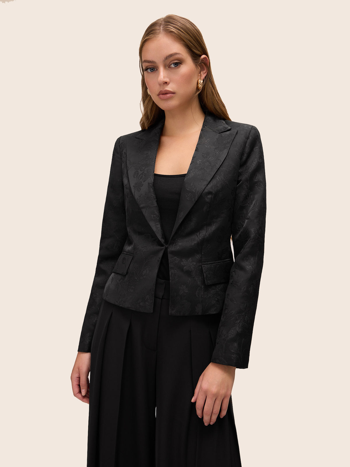 Black Jacquard Floral Blazer with Removable Bow  - Suzy Shier