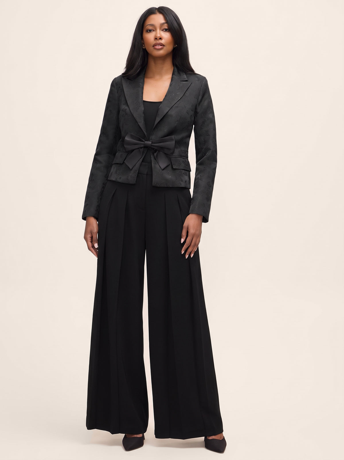 Black Jacquard Floral Blazer with Removable Bow  - Suzy Shier