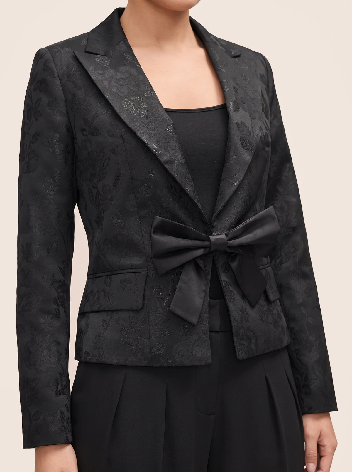 Black Jacquard Floral Blazer with Removable Bow  - Suzy Shier
