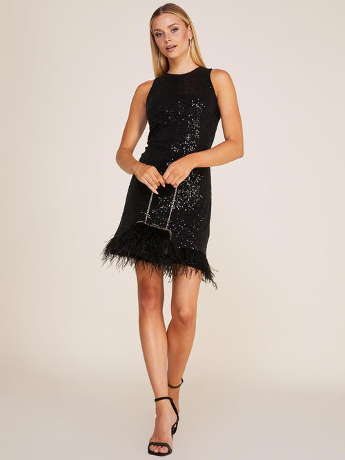 Sleeveless Sequin Mini Tunic Dress With Feather Trim