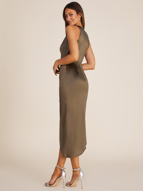 Sleeveless Crossover Midi Satin Dress