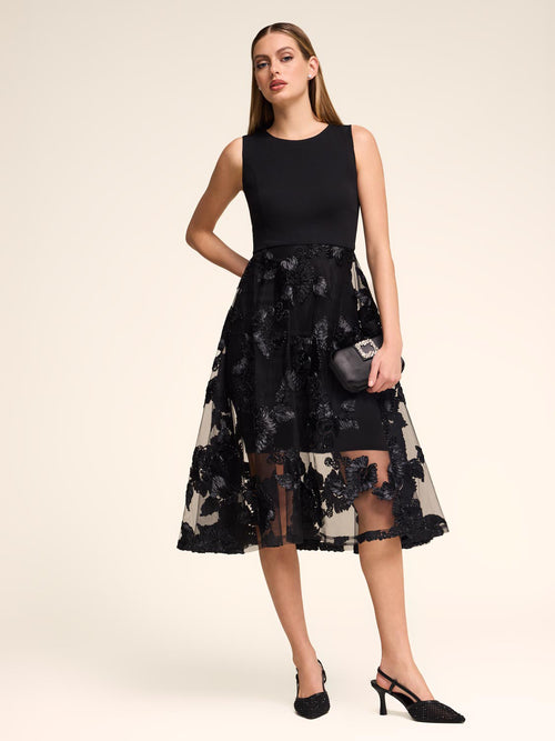 Fit & Flare Midi Dress With Mesh Skirt