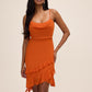 Rust Chiffon Mini Dress with Cowl Neck - Woman Wearing Asymmetrical Ruffled Dress - Le Chateau