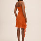 Rust Chiffon Mini Dress with Cowl Neck - Woman Wearing Asymmetrical Ruffled Dress - Le Chateau