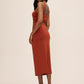 Rust ITY Midi Dress with Shirred Waist - Woman Wearing Structured Evening Dress - Le Chateau