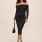 Black Off-Shoulder Sheath Dress with Mesh Ruched Sleeves - Woman Wearing Elegant Evening Dress - Le Chateau