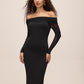 Black Off-Shoulder Sheath Dress with Mesh Ruched Sleeves - Woman Wearing Elegant Evening Dress - Le Chateau