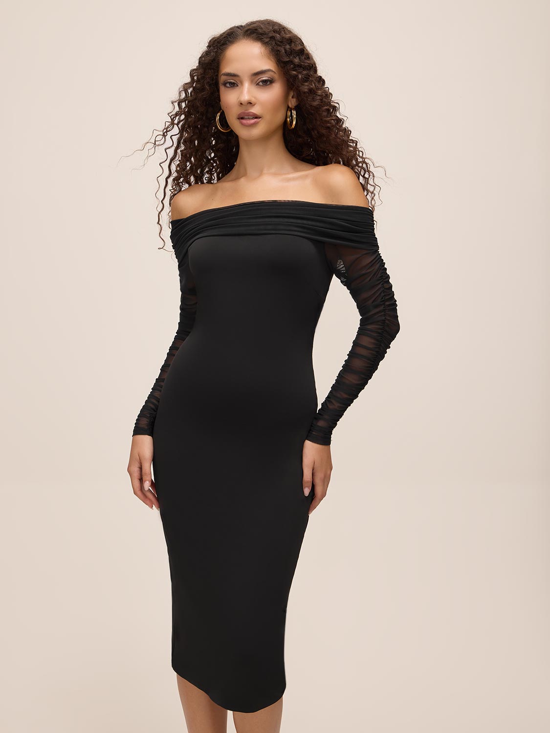Black Off-Shoulder Sheath Dress with Mesh Ruched Sleeves - Woman Wearing Elegant Evening Dress - Le Chateau