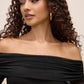 Black Off-Shoulder Sheath Dress with Mesh Ruched Sleeves - Woman Wearing Elegant Evening Dress - Le Chateau