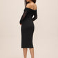 Black Off-Shoulder Sheath Dress with Mesh Ruched Sleeves - Woman Wearing Elegant Evening Dress - Le Chateau