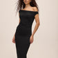 Black Asymmetric Neckline Sheath Dress - Woman Wearing Elegant Ruching Detail Dress - Le Chateau