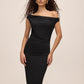 Black Asymmetric Neckline Sheath Dress - Woman Wearing Elegant Ruching Detail Dress - Le Chateau