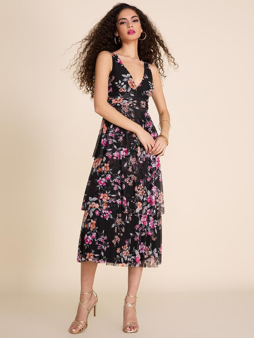 Floral Print V-Neck Fit & Flare Midi Dress