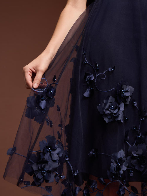 Fit & Flare Midi Dress With Floral & Pearl Appliqués