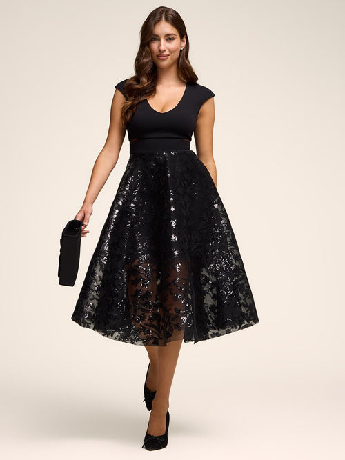 Mesh & Sequin Fit & Flare Dress