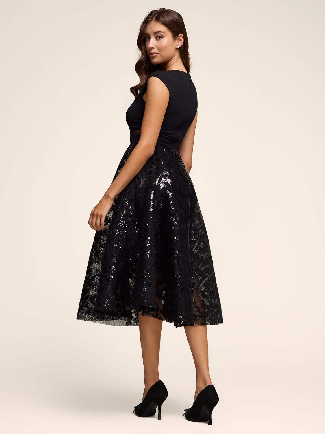 Mesh & Sequin Fit & Flare Dress - V-Neck | Le Chateau Suzy Shier Mesh & Sequin Fit & Flare Dress - V-Neck | Le Chateau Suzy Shier