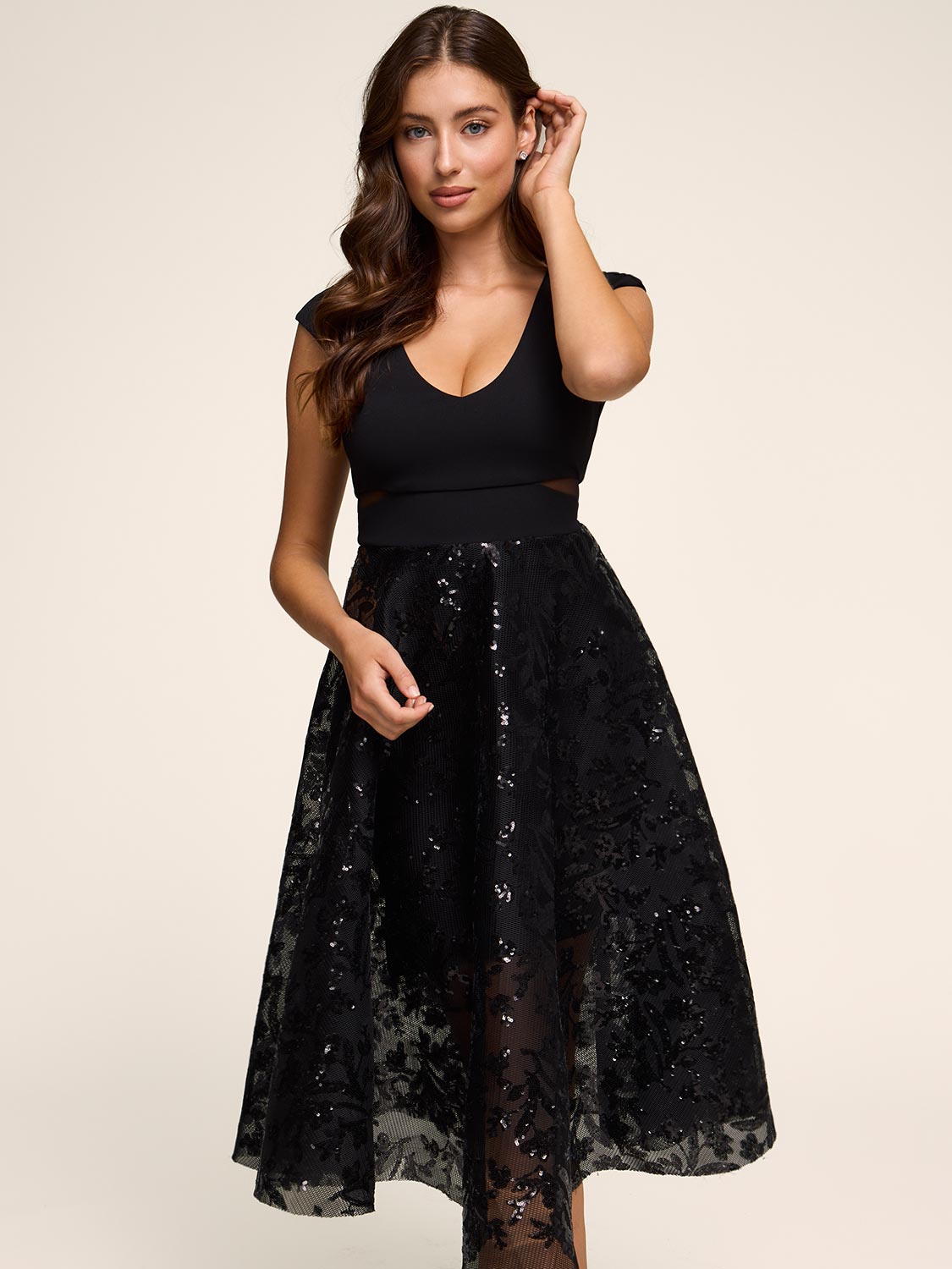 Mesh & Sequin Fit & Flare Dress - V-Neck | Le Chateau  Suzy Shier