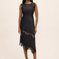Black Satin Midi Dress with Illusion Lace Inserts - Woman Wearing Elegant Evening Dress - Le Chateau