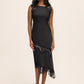 Black Satin Midi Dress with Illusion Lace Inserts - Woman Wearing Elegant Evening Dress - Le Chateau